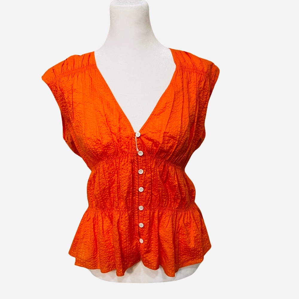 Frame EUC Ruched V Neck Sleeveless Top Blouse Orange Button Front Peplum M - Picture 5 of 12